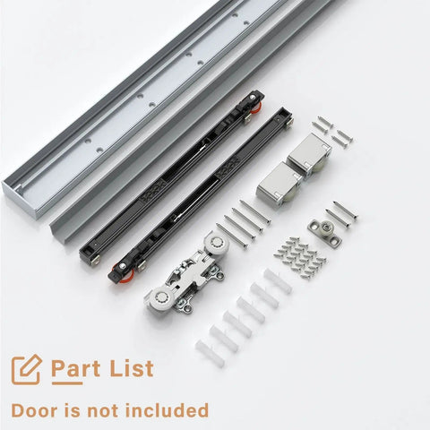 Concealed Sliding Barn Door Hardware Kit With Soft Close Mechanism And Invisible Floor Track components view.