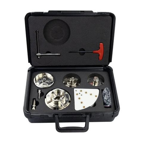 4 Inch Wood Lathe Chuck Set 1 Inch 8 TPI Nickel Plated Self Centering 4 Jaw Wood Turning Chuck With 5 Jaws For Turning Blocks And Shapes, Rust Resistant Scroll Chuck Compatible With Most Lathes in black case