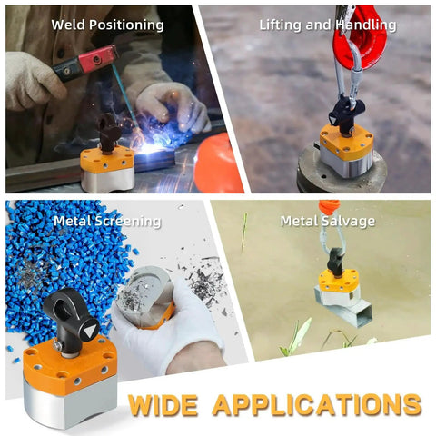 DTLHCNCT 180lb ON/OFF magnetic welding holder; orange top, silver base, shown in welding, lifting, screening salvage.