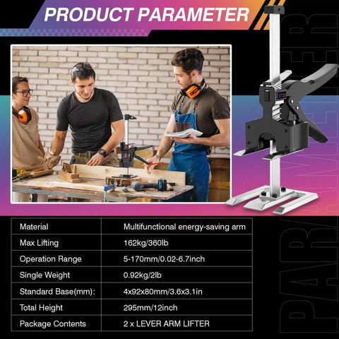 Labor Saving Lifting Arm Jack Handle 12 Inch 2 Pack for Cabinets Doors Windows displayed beside craftsmen at workbench