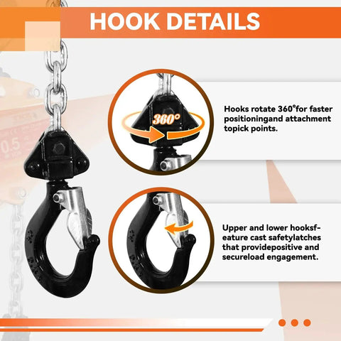 Close-up of hooks on Half Ton Chain Hoist 1100 Lbs Capacity 10 Ft Manual Chain Block With Hooks, showing 360-degree rotation