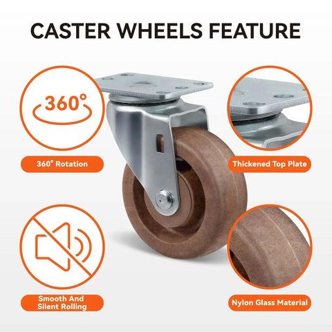 Heavy Duty 4 Inch Hi Temp Glass Filled Nylon Caster Wheels Set of 4 for Commercial Kitchen and Bakery Use, swivel feature