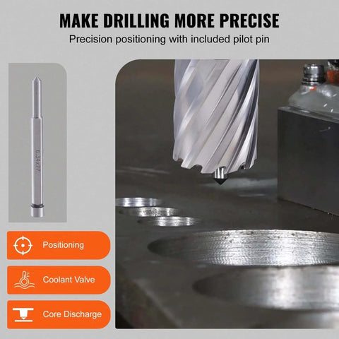 Premium Magnetic Drill Annular Cutter Set with Six Pieces Weldon Shank Bits drilling metal with pilot pin visible