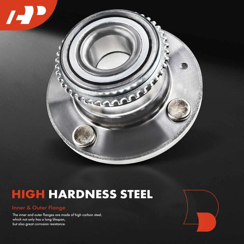 Front view of Rear Wheel Bearing And Hub Assembly With ABS Ring For Mitsubishi Lancer 2002 2003 2004 2005 2006 2007 L4 2.0L 4 Lug Heavy Duty Hub Replacement With High Load Capacity, Smooth Operation And Long Lasting Durability made of high hardness steel.