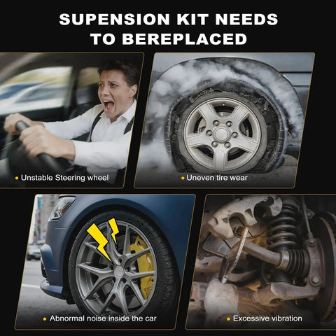Image showing signs of suspension issues: unstable steering, uneven tire wear, abnormal noise, excessive vibration.