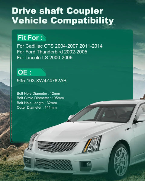 SCITOO driveshaft coupler; green panel lists Cadillac CTS, Ford Thunderbird, Lincoln LS.
