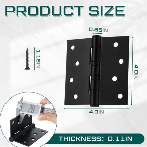 6 Pack 4x4 Inch Ball Bearing Door Hinges Stainless Steel Heavy Duty Exterior Hinges with Square Corners Black shown with size details