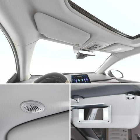 Interior view of a car roof showing installed Gray Headliner Fabric 96x60 With Foam Backing For Auto Roof Replacement DIY.