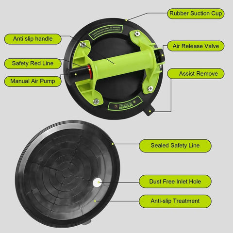 Front view of DEWINNER 8-inch glass suction lifter with lime-green housing and black suction plate.