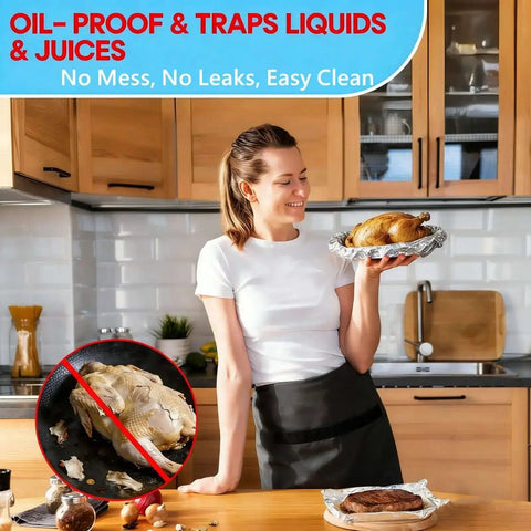 Woman holding roasted chicken on heavy duty aluminum foil sheets 12 x 10.75 inches, 500 count pre cut pop up dispenser, ideal for baking.