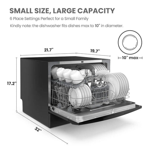Countertop Energy Star Dishwasher With 6 Place Settings And 8 Programs For Dorms, open with dishes inside, dimensions displayed.
