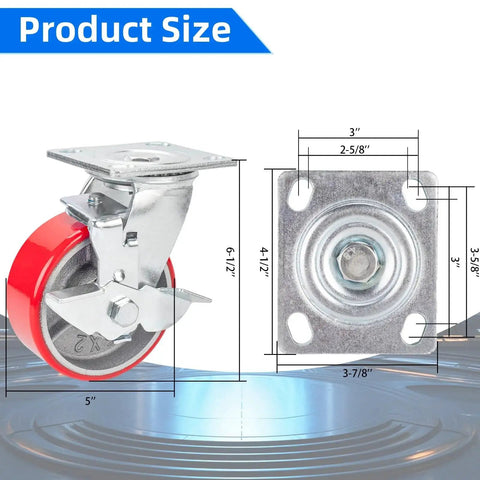 5 Inch Industrial Caster Set Of 4 With Brakes, Heavy Duty Swivel Plate Casters With Quiet Polyurethane Wheels On Steel Hubs, Each Caster Up To 1000 Lbs Or 4000 Lbs Per Set, Ideal For Toolbox, Workbench And Mobile Equipment, dimensions shown for installation
