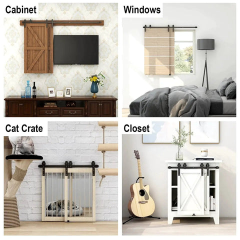 4 Foot Mini Bypass Barn Door Hardware Kit For Two Doors With Premium Carbon Steel Track Capable Of 110 Lbs installed on cabinets, closets, windows, and cat crate.