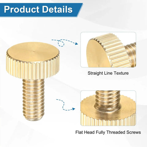 Five Pack Knurled Thumb Screws M6x14mm Solid Brass Flat Head Fully Threaded Knobs Fasteners For Electronics Equipment