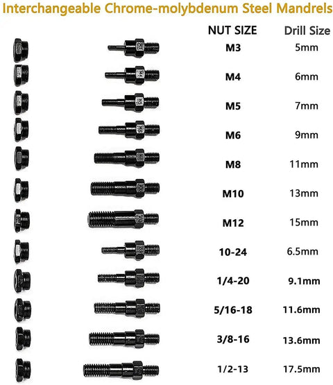 Interchangeable mandrels for Long Reach Rivet Nut Tool With Tool Free Quick Change Head Handy Blind Riveter, M3 to 3/8-16 sizes shown.