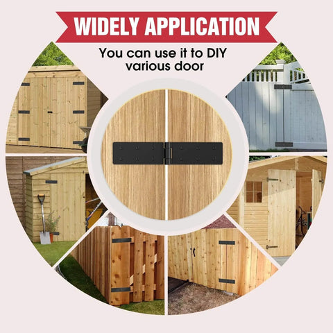 Heavy Duty 270-Degree Adjustable Fold-Flat Gate Hinges for Wooden Fences, Barn Doors, Sheds; various applications shown
