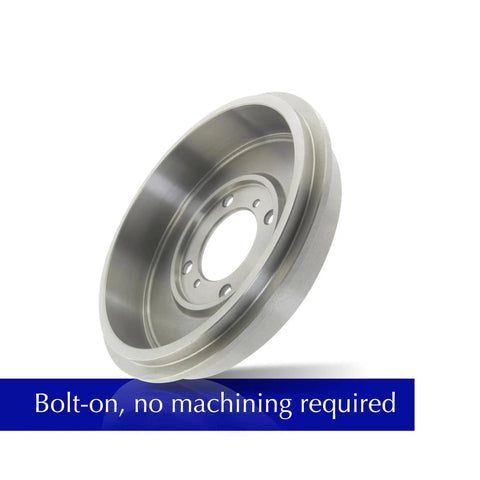 Brake drum, metallic steel, side view; bolt-on, no machining required