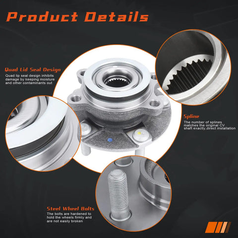 Front Wheel Hub And Bearing Assembly With ABS For Nissan Rogue 2008 2013 2014 2015 Rogue Select And Sentra 2007 2012 5 Lug Replacement Kit 513298 product details with close-up views of seal design, spline, and steel wheel bolts