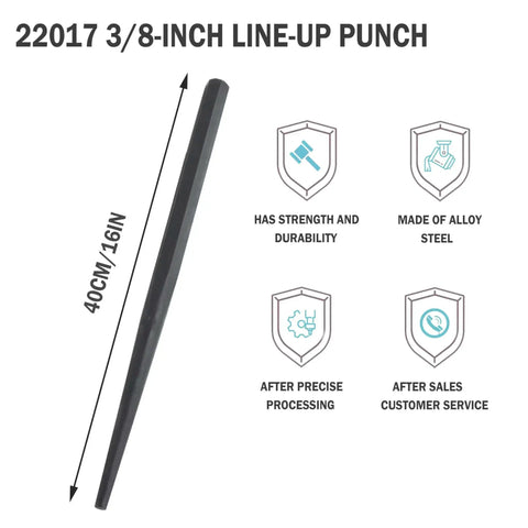 Line-Up Alignment Punch Set 3/8 Inch Cone Tip, 7/8 To 3/8 Inch Range, depiction showing features and measurements.