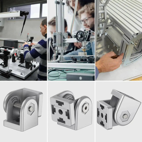 2 Pcs Die Cast Zinc Alloy Pivot Joint Connectors for 3030 Aluminum Extrusion Profiles shown in industrial use and close-up views.