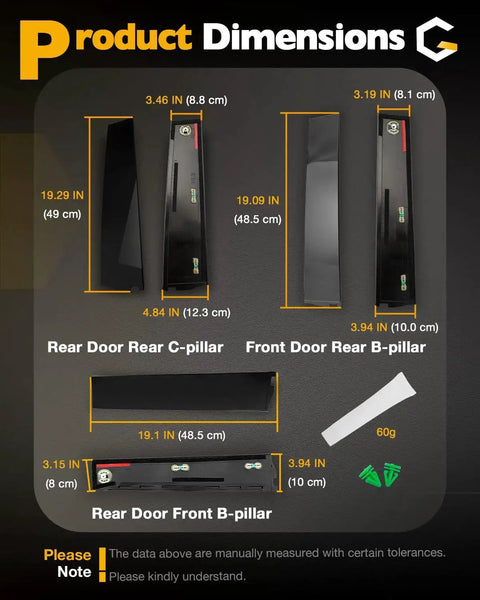 Dimensions of Pillar Trim Molding Kit 6Pcs 2015-2018 Suburban Yukon Escalade ESV LH RH, showing gloss black pieces.