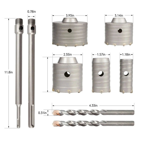 Nine Piece Masonry Concrete Hole Saw Kit With 30 40 65 80 100 Mm Hole Sizes, 300 Mm Tungsten Carbide Bits, SDS Plus And SDS Max Shank