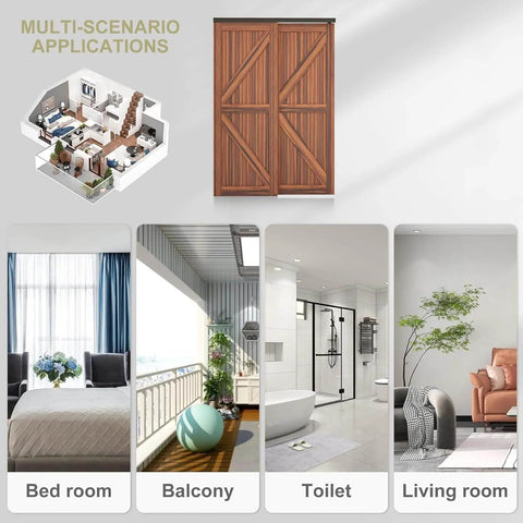 Multi-scenario applications for Heavy Duty Double Bypass Sliding Closet Door Track Kit Hardware For 48 Inch shown for bed room, balcony, toilet, and living room use.