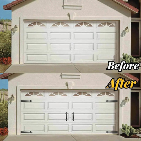 Before and after of garage door with Magnetic Decorative Garage Door Hardware Set With 4 Faux Hinges And 2 Handles In Black Finish