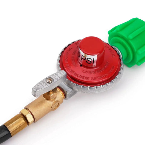Close-up of High Pressure 10 PSI Propane Regulator Hose Assembly With 48 Inch Hose And Flow Regulating Brass Valve For Type 1 QCC1 Connections.