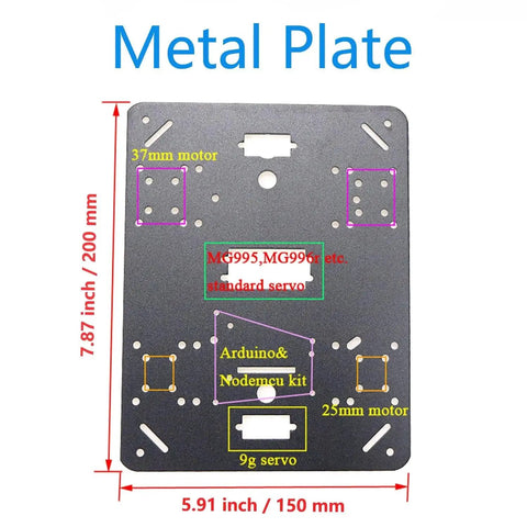 Metal panel for Omnidirectional 80mm Mecanum Wheel Robot Chassis MC200 4WD Kit, marked for motor and servo placements.