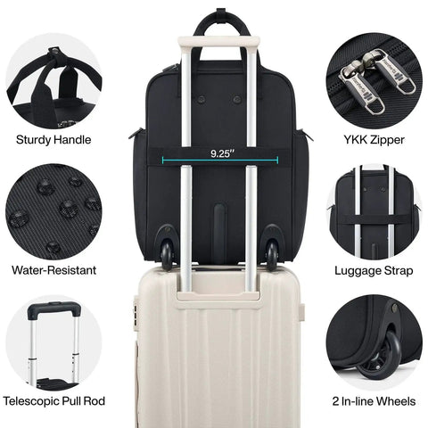 Back view of underseat carry on luggage with wheels for air travel; features sturdy handle, telescopic pull rod, and luggage strap.