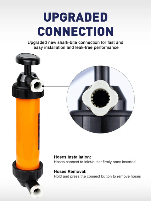 Manual Gasoline Transfer Siphon Pump With Shark Bite Connection showing close-up of shark bite quick-connect feature.