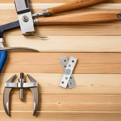 2 Pack Stainless Steel Hidden Pivot Hinges With 360 Degree Rotation For Hidden Doors placed on a wooden surface with tools.