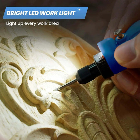 Close-up of cordless rotary tool with LED light carving intricate design on wood, part of Cordless Rotary Tool Kit With 69 Accessories 3.7V Mini Power Drill Type C Charging 5 Variable Speeds Engraving Sanding Polishing Carving Cutting DIY Crafts Portable Carry Case For Home Projects And DIYers.