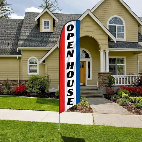 Open House Feather Flag Banner Kit with 15 Ft Pole System outside a house, bold red and blue design, real estate outdoor signage.