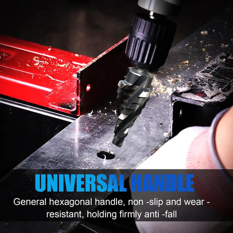 Drill using M35 Pro Grade Cobalt Step Drill Bit Set With Four Spiral Flute Nine Sizes From One Eighth To One Inch Three Eighths Inch Shank