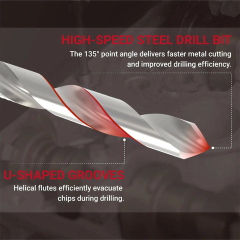 High-speed steel drill bit with U-shaped grooves used in 3/8-16 Helicoil Thread Repair Kit With HSS Drill Bit, Thread Inserts.