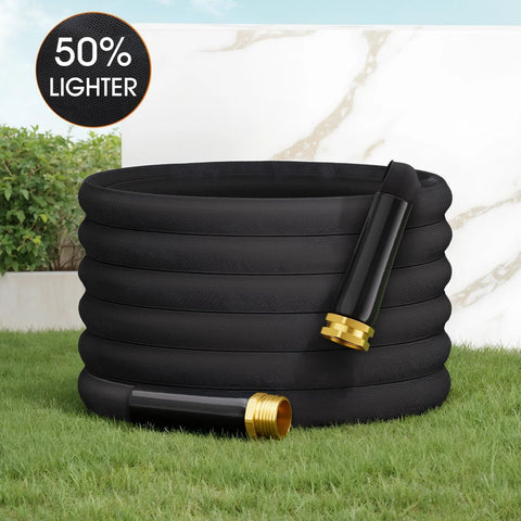 Haeteir 100ft non-expanding garden hose, black with brass fittings, coiled on grass
