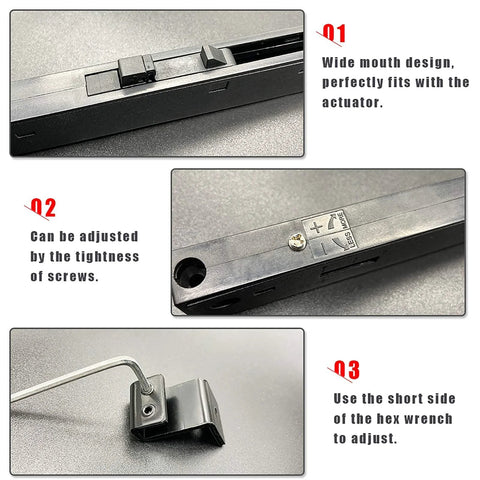 Close-up of Stainless Steel Barn Door Soft Close Mechanism Kit With Adjustable Tension Spring Damper And Included Actuator Spacers, Hole Free No Drilling For Flat Track Doors Weighing 77 To 132 Pounds, Easy Install, 2 Pack showing adjustment details.
