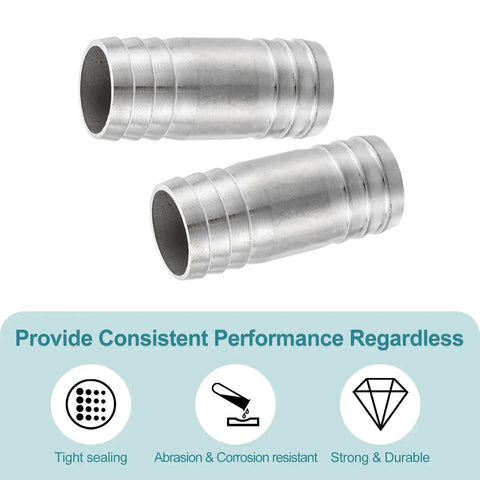 Two Pack One And One Eighth Inch Hose Barb Equal Pipe Fittings Made From 304 Stainless Steel Adapters For Vacuum Systems Industrial Connections And Pneumatic Equipment Heavy Duty, shown in side view
