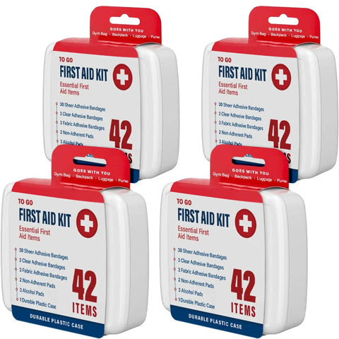 4 Pack Mini First Aid Kits With 168 Essentials In Durable Plastic Case, showing four white cases for car, home, and travel.