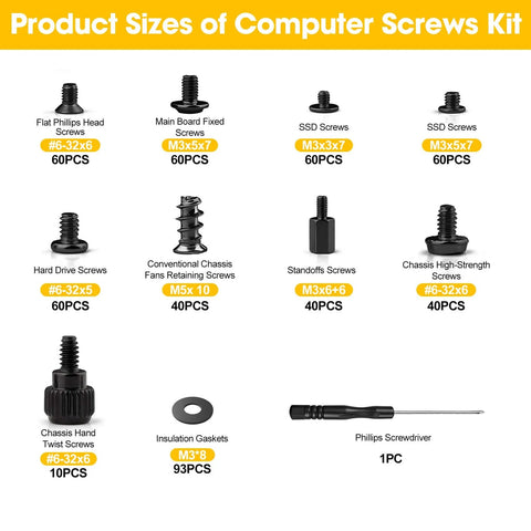 Image of 524 Piece PC Screw Kit For Full Rig Build With Motherboard Standoffs And Screws For M2 NVMe SSDs HDD Case Fans And PSU Includes Case Screws Gaskets And A Phillips Screwdriver showing various screw sizes and types.