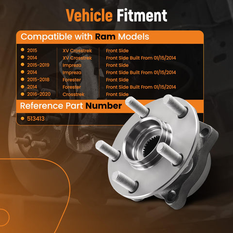 Beefy Front Wheel Bearing And Hub Assembly For Subaru Forester 2014-2018, Crosstrek 2016-2020, Impreza 2014-2019 And XV Crosstrek 2014-2015 OEM Exact Fit With OE Part Numbers 513413 HA590648 28373FL000 on display, showing fitment details and reference part number.