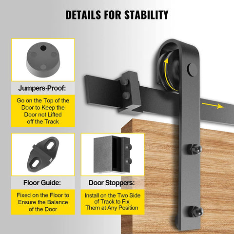 Components of 11 Ft Sliding Barn Door Hardware Kit for Heavy Duty Double Door Track System, black carbon steel parts shown