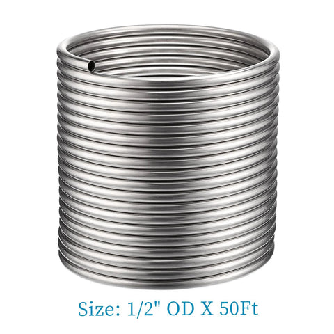 Wort chiller coil, 1/2 in OD x 50 ft, food-grade 304 stainless steel for beer brewing immersion cooling.