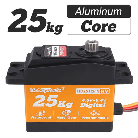 Front view of HobbyPark 25kg waterproof RC servo with orange housing and metal gears