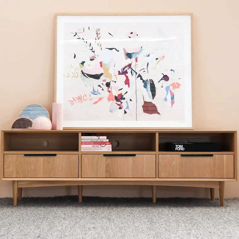 Wooden sideboard with Matte Black Edge Finger Pulls 10 Pack, Concealed Drawer Handles With 10 Inch Hole Centers, décor items and art.
