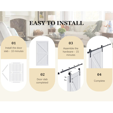 Installation steps for Space Saving Sliding Barn Door With Bypass Hardware Kit, 72 Inch By 84 Inch, MDF Painted White, Easy DIY Install.