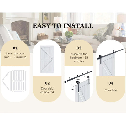 Space Saving Bypass Barn Door Kit 60 By 84 Inch With 6 Foot Hardware For Single Track Doors On Double K Frame Doors MDF White DIY Painted Finish Easy To Install installation steps