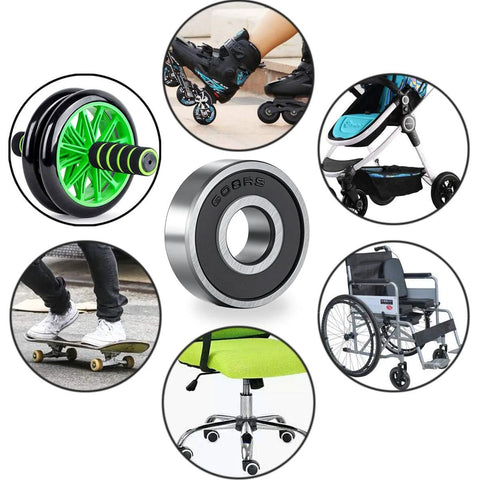 608-2RS ball bearing, 8x22x7 mm, double rubber seal; collage shows uses in furniture and mobility gear.